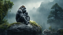 Gorilla Sitting On Top Of A Rock In The Forest