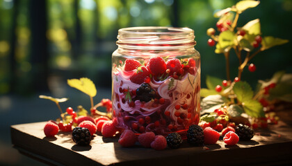 Wall Mural - Fresh berry dessert on wooden table, nature sweet celebration generated by AI