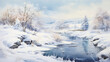Winter peaceful landscape. Calmly flowing small river among snow-covered trees on frosty winter day. Large snowdrifts. Copy space.