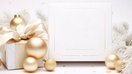 Wall Mural - Christmas background in white with a gift decorated with a gold bow, gold decorations and snowflakes. Graphic frame for advertising text on the side.