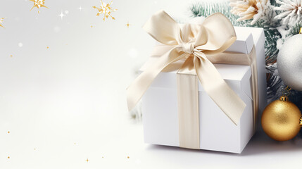 Wall Mural - Christmas scene in soft white tones, presenting a gift wrapped in a golden bow. Gold Christmas balls and snowflakes add to the festive charm, with a space on the side for personalized text.