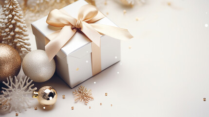 Wall Mural - Warm beige Christmas background with a gift elegantly wrapped in a golden ribbon and bow. Gilded Christmas decorations and snowflakes frame a area, copy space for text.