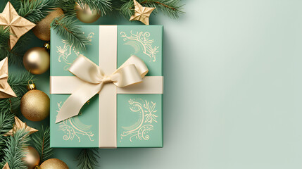 Wall Mural - Festive Christmas background with mint colored Christmas gifts tied with ribbons, golden Christmas balls and fir branches with frame for text. Top view, flat lay.