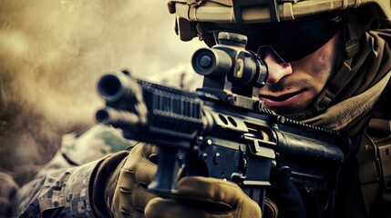 Wall Mural - close up of soldier holding a gun war game