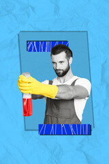 Wall Mural - Vertical collage of black white effect neat cleaning guy latex gloves hold detergent spray bottle isolated on paper blue background