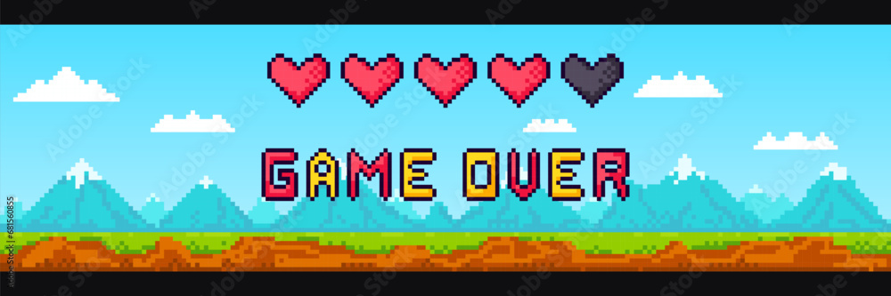 Inscription Game Over on the background of a pixel art game landscape ...