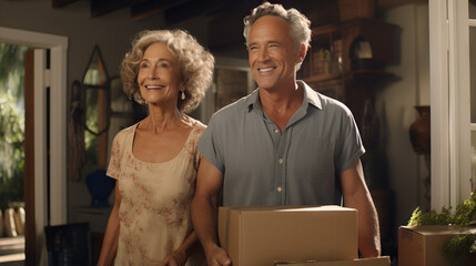 Senior couple in living room moving into new home with boxes. Concept of New beginnings, moving day, senior relocation, happy couple, unpacking boxes, settling in.