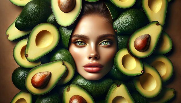 Close-up portrait of a high fashion female model's face Surrounded by a pile of fresh avocado slices. Fresh healthy smooth skin