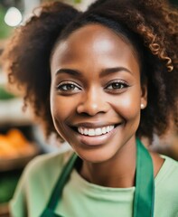 Poster - Black beautiful smiling happy brunette curvy hair woman, face closeup portrait, working at grocery store, wearing green apron. Healthy market concept