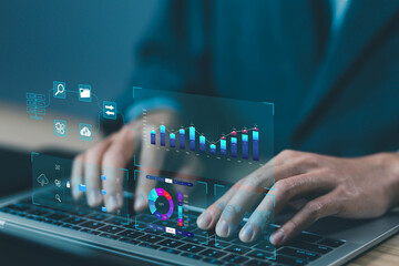 Poster - analyst manages the system database and shows a dashboard chart on the computer. concept analysis data plan, analytics business, and report. research on platform digital technology