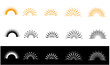 Half sunburst frame set. Linear sunrise and sunset symbols collection. Radial sunshine light rays pack. Retro sunbeam shapes. Design elements for logo, label, badge, poster. Vector bundle