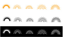 Half Sunburst Frame Set. Linear Sunrise And Sunset Symbols Collection. Radial Sunshine Light Rays Pack. Retro Sunbeam Shapes. Design Elements For Logo, Label, Badge, Poster. Vector Bundle