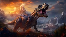 Illustration Of A Big Dangerous Angry Dinosaur In A Foggy Mountain Valley At Dawn