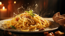 Delicious Italian Pasta Carbonara Modern Food Photography In Rustic Style . In Detail