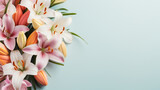 Fototapeta Przestrzenne - Easter lillies and colorful decorated easter eggs on a light pastel background. AI generative
