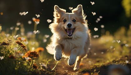 Poster - Cute puppy running in meadow, playing with yellow flowers generated by AI