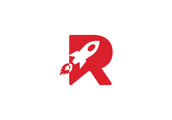 R letter with flying rocket ship silhouette icon. the combination of the letter R and the upward movement of the rocket	