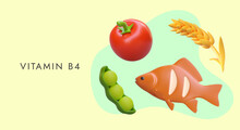 Edible Natural Ingredients With Vitamin B. Green Peas, Red Tomato, Fish, Ear Of Wheat. Vector Composition With Text. Dietary Concept, Vitamin Replenishment