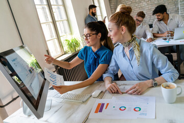 Wall Mural - Creative managers crew, business people, designer working with new startup project in office.