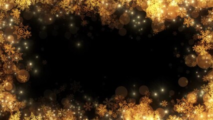 Elegant Christmas background of looped animated golden snowflakes frame isolated on black background and copy space