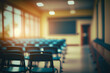 © B-design - Empty defocused university classroom. Business conference room. Blurred school classroom without students with empty chairs and tables