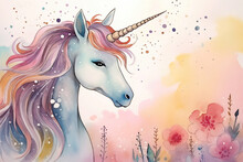 Unicorn Watercolor Background. Cute Adorable Unicorn Card