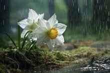  Two White Daffodils In The Rain On A Mossy Patch Of Land With Water Running Down The Side Of It And Green Grass And Trees In The Background.