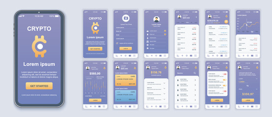 Poster - Crypto mobile app interface screens template set. Account login, earnings chart, profit balance, credit cards, stock statistics. Pack of UI, UX, GUI kit for application web layout. Vector design.