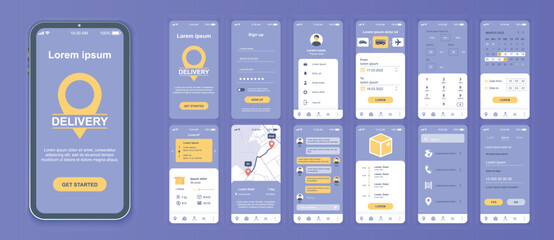 Fototapete - Delivery mobile app interface screens template set. Account login, ordering shipping, parcel calculate, tracking on map, client chat. Pack of UI, UX, GUI kit for application web layout. Vector design.
