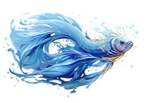  A Painting Of A Blue And Yellow Fish With Water Splashes On It's Back And A White Back Ground And A White Back Ground With A White Background.