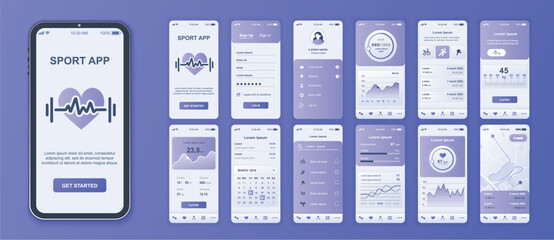 Wall Mural - Fitness mobile app interface screens template set. Account login, calorie tracking, sport trainings list, weight data, calendar, map. Pack of UI, UX, GUI kit for application web layout. Vector design.