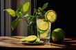  a close up of a glass of water with lemons and limes on a table next to a pitcher of water and a plate of limes on a table.