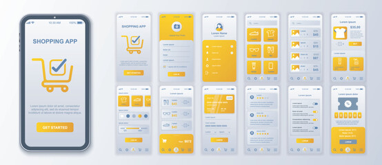Wall Mural - shopping mobile app interface screens template set. account login, assortment goods with price, orde