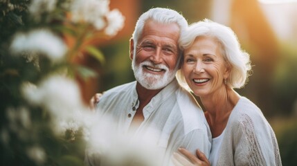 Poster - Joyful elderly pair finds bliss amid the greenery at home.