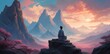 A digital illustration of mountain meditation inspired by the style of Feng Zhu. The figure meditates against a backdrop of sweeping landscapes and futuristic elements. Cool color temperature, focused