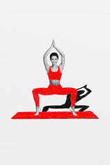 Sticker - Vertical banner composite collage of focused girl workout standing tiptoes on yoga carpet palms folded together above head balancing in gym