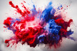 Bright and juicy splashes of Holi powder paint in the colors of the UK flag on a light gray background, an explosion of paint fills the message of the photo background