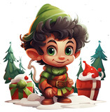 Fototapeta  - Elf ze świątecznymi akcesoriami i psotnym wyrazem twarzy na przezroczystym tle PNG.