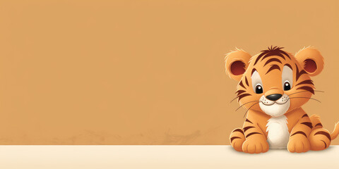 Cute tiger with happy positive smiling expression. Wide banner copy space on side. Clean background in only one colour