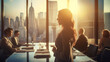 Business woman sitting in an city skyline window office boardroom with her team on Defocused Bokeh flare office background