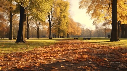 Wall Mural - Beautiful landscape of fall leaves in a vast park