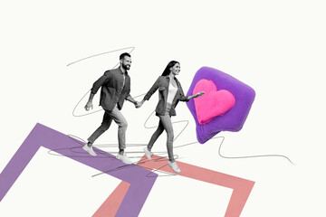 Sticker - Creative abstract template collage of positive couple hold hands running hurry dating concept valentine day fantasy billboard comics zine