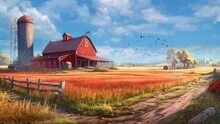 Landscape With A Red Barn Farm House With Cartoon  Illustration Style. Seamless Looping Video Animated Background	