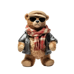 Wall Mural - photo of a cool teddy bear wearing sunglasses and hat dressed for the upcoming christmas theme isolated on white background PNG