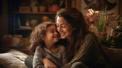 Mom and daughter hugging in the living room