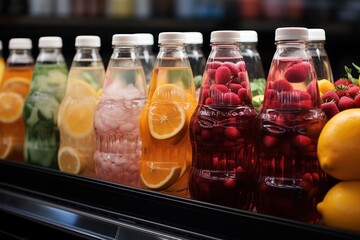 Wall Mural -  a row of glass bottles filled with different types of fruit and veggies next to lemons, raspberries, raspberries, and lemons.