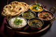 Group of Indian food like Palak Paneer Butter Masala, Choley/chola and Black Eyed Kidney Beans curry with Naan and Rice