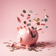 smashed piggy bank with coins isolated on plain pink studio background. ai generative