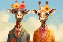  A Couple Of Giraffe Standing Next To Each Other In Front Of A Blue Sky With Clouds And Sunflowers On Their Heads And One Giraffe Is Wearing A Suit And The Other Giraffe Is Wearing Sunglasses.