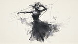 Fototapeta  - Black charcoal pencil drawing of a young active ballet dancing lady in white background with live performance 